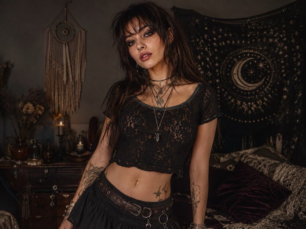 Vintage FREE PEOPLE Black Floral Lace Boho Whimsical Goth Crop Top Size SP